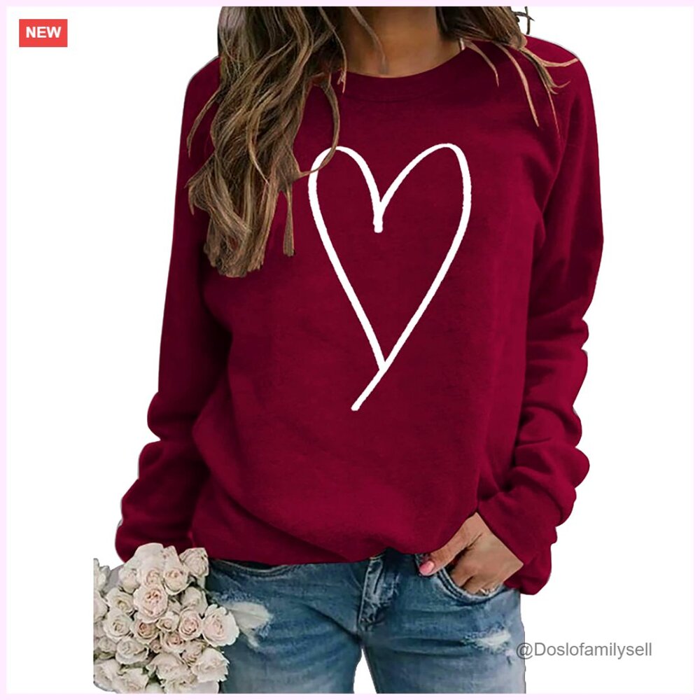 Long Sleeve Crewneck Pullover Sweatshirt Love Heart Graphic Casual Chic Gift